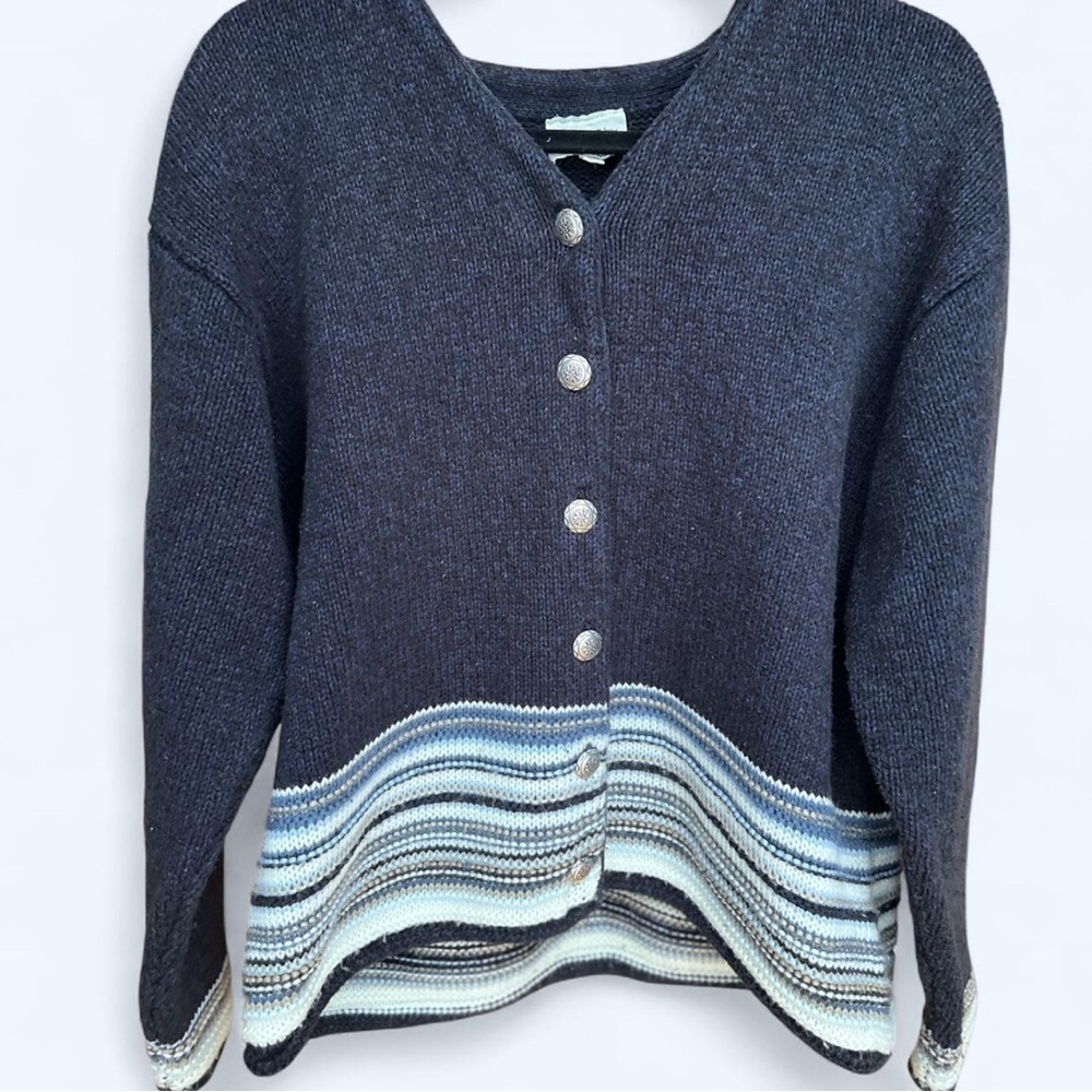 Vintage 90s Cottage Cove Blue Striped Chunky Knit Cozy Cardigan Sweater - Picture 3 of 12
